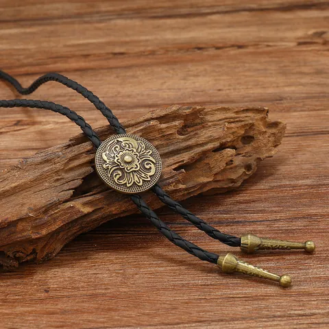 Vintage Western Cowboy Bolo Tie Alloy Floral Embossed Round Slider Black Braided PU Leather Cord Long Necklace For Men Women
