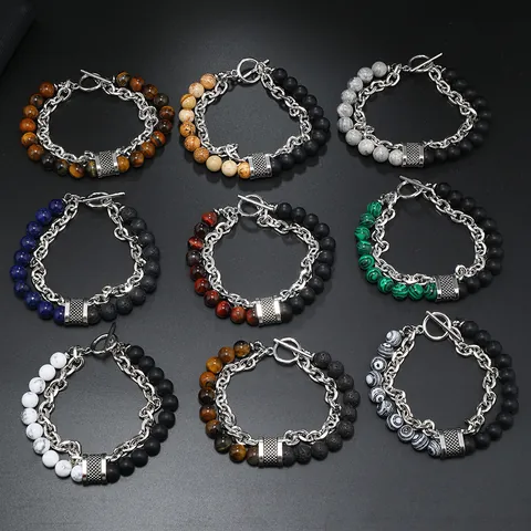 Bracciale Vintage da Uomo in Pietra Naturale Catena in Acciaio Inossidabile Occhio di Tigre Agata Gioielli Punk