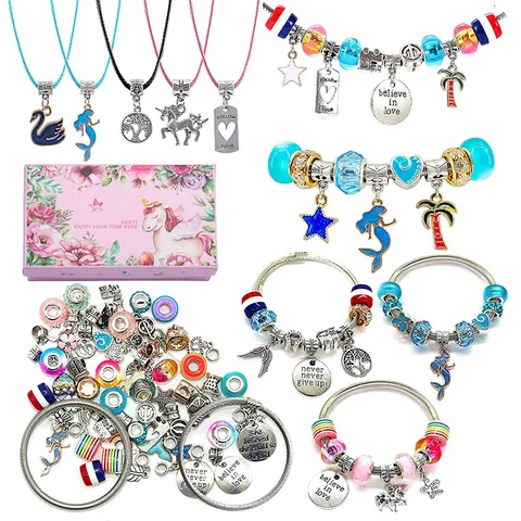 Kids DIY Jewelry Making Kit For Girls Unicorn Mermaid Enamel Pendant Beads Bracelet Necklace Colorful Craft Assortment