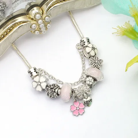 DIY Magnolia Flower Charm Bracelet Heart Love Pendant Rhinestone Alloy Beaded Snake Chain Bracelet For Women Jewelry Gift