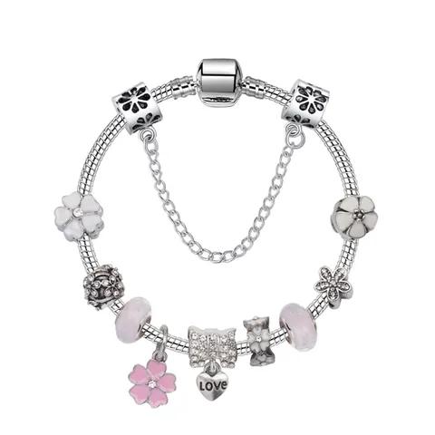 DIY Magnolia Flower Charm Bracelet Heart Love Pendant Rhinestone Alloy Beaded Snake Chain Bracelet For Women Jewelry Gift
