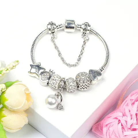 Silberne Schlangenkette Charm Armband Herz Stern Krone Anhänger Künstliche Perlenimitat Legierung Strass Schmuck Valentinstag Geschenk Damen