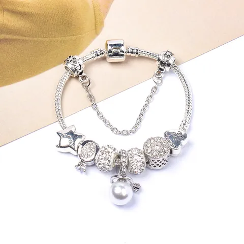 Silberne Schlangenkette Charm Armband Herz Stern Krone Anhänger Künstliche Perlenimitat Legierung Strass Schmuck Valentinstag Geschenk Damen