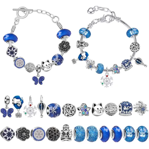 Christmas Advent Calendar Jewelry Box Set For Kids DIY Blue Charm Bracelet Alloy Santa Snowflake Pendants Holiday Festive Gift