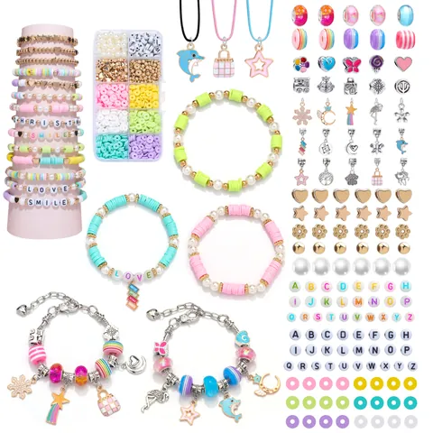 Kit de Creación de Joyas DIY Niños Adultos Cuentas Multicolor Arcilla Polimérica Cuentas Alfabeto Dijes de Aleación Regalo