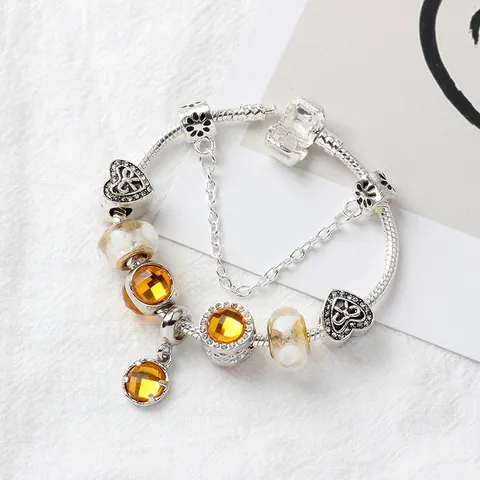 Versilberte Legierung Kupfer Schlangenkette Charm Armband Mit Gelbem Kristall Herz Anhänger Glasperlen Mode DIY Schmuck