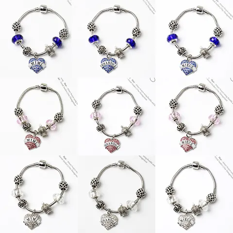 Braccialetto con Charms Cielo Stellato Blu Stile Pandora per Donna Ciondolo a Cuore DIY Corona Bracciale con Perline Regalo Mamma Nonna Figlia Gioielli