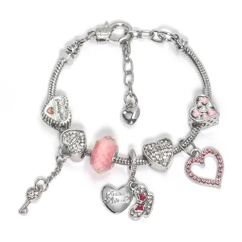 Pulsera de Cuentas con Corazón Rosa para Mujer Cadena de Serpiente de Aleación Con Colgante de Llave Forever Friends Goddaughter Joyería DIY