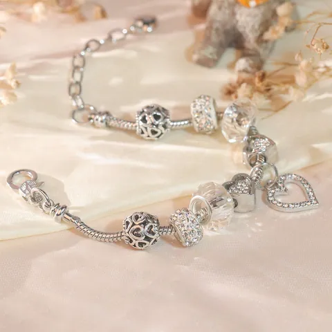 Silver Alloy Beaded Charm Bracelet For Women Rhinestone Heart Pendant Crystal Beads Snake Chain Adjustable Fashion Jewelry Gift