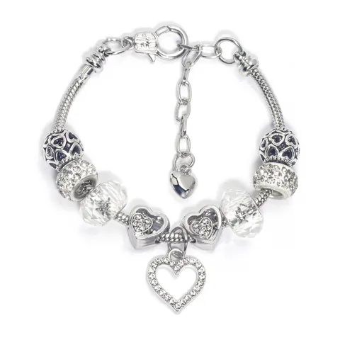 Silver Alloy Beaded Charm Bracelet For Women Rhinestone Heart Pendant Crystal Beads Snake Chain Adjustable Fashion Jewelry Gift
