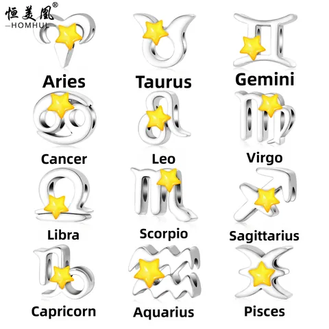 12 Signes du Zodiaque Perles Breloques en Alliage DIY Avec Étoile Jaune Pour Bracelet Collier Accessoires de Bijoux