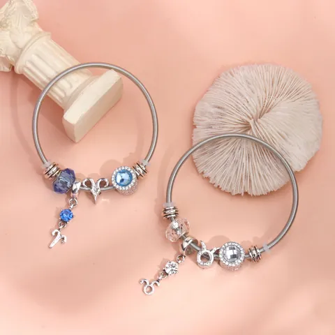 Twelve Zodiac Signs Alloy Beaded Charm Bracelet For Women Silver Plated Snake Chain With Crystal Rhinestone Zodiac Pendants Fashion Jewelry Gift