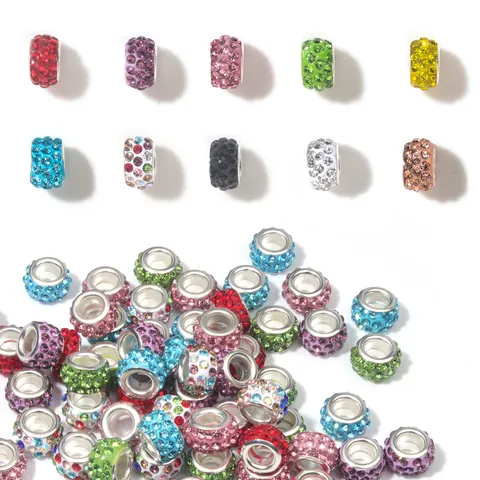 Cuentas Charm de Strass con Agujero Grande para DIY Pulsera Collar Aleación Cristal Espaciadores Accesorios de Joyería
