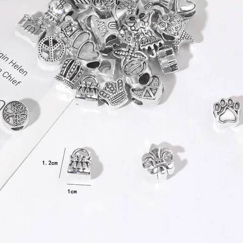 Cuentas de Dije de Aleación de Plata Antigua con Agujero Grande para Hacer Joyas DIY Pulsera Collar Corazón Estrella de Mar Búho Corona Flor Formas Mixtas Accesorios Hechos a Mano