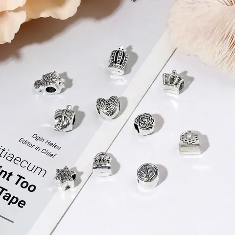 Mixed Vintage Alloy Large Hole Beads Charms For DIY Bracelet Necklace Jewelry Making Multiple Animal Flower Heart Designs Antique Silver Finish