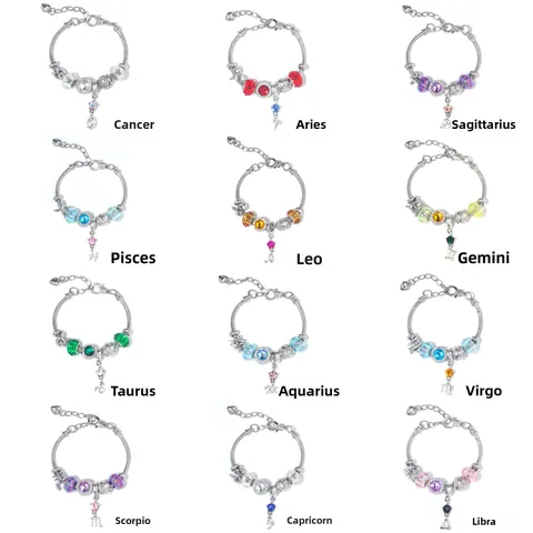 Moda Braccialetto con Charm Dodici Segni Zodiacali per Donna Ragazze Lega di Zinco Placcata Argento Catena a Serpente Perline di Vetro Colorate Strass Gioielli Fai da Te Regalo