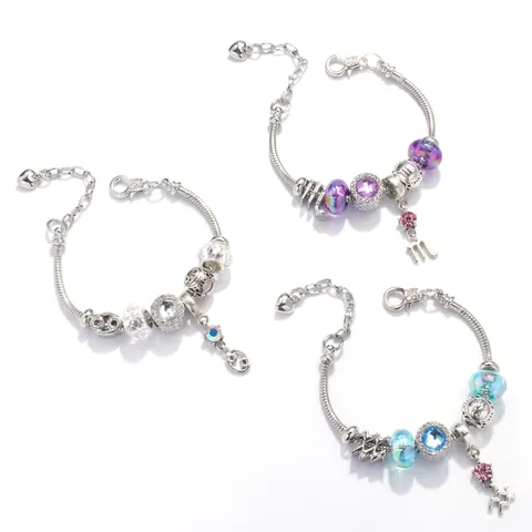 Moda Braccialetto con Charm Dodici Segni Zodiacali per Donna Ragazze Lega di Zinco Placcata Argento Catena a Serpente Perline di Vetro Colorate Strass Gioielli Fai da Te Regalo