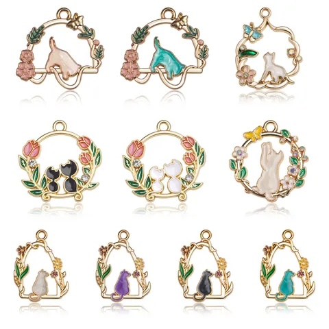 Colgantes de Guirnalda de Gato de Esmalte DIY Dijes de Animales de Aleación de Flores para Collar Pulsera Pendiente Accesorios de Joyería Hechos a Mano