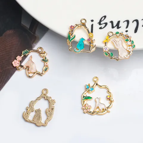Colgantes de Guirnalda de Gato de Esmalte DIY Dijes de Animales de Aleación de Flores para Collar Pulsera Pendiente Accesorios de Joyería Hechos a Mano