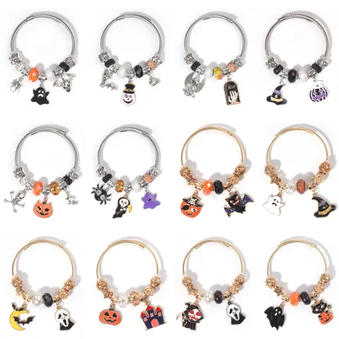 Halloween Bedelarmband Zinklegering Emaille Vleermuis Geest Pompoen Schedel Armband Voor Dames Feestelijke Party Sieraden Cadeau
