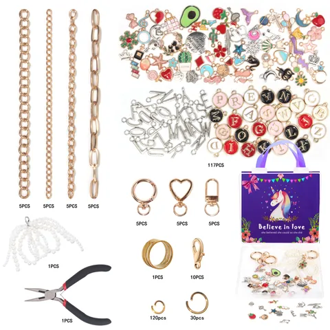 DIY Jewelry Making Kit For Girls Unicorn Enamel Alloy Charms Pendants With Keychain Rings Metal Chains Bag Decoration Gift