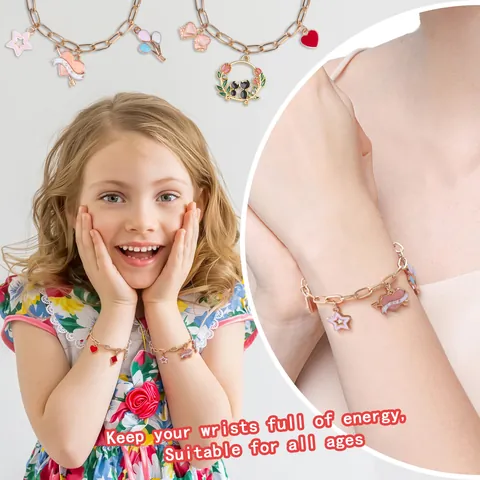 Kit de Fabrication de Bijoux DIY Thème Licorne Filles Breloques Émail Chaîne Or Perles Bracelet Collier Avec Pince Cadeau