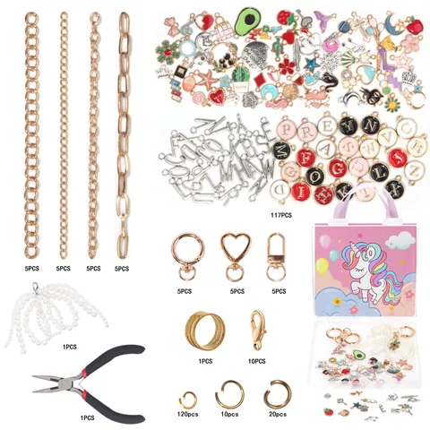 Kit de Fabrication de Bijoux DIY Thème Licorne Filles Breloques Émail Chaîne Or Perles Bracelet Collier Avec Pince Cadeau
