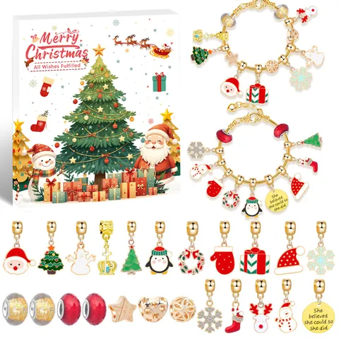 Kit per la Creazione di Braccialetti Fai-da-te di Natale per Bambini Donne Babbo Natale Renna Fiocco di Neve Perline di Smalto Set di Gioielli Con Scatola Regalo