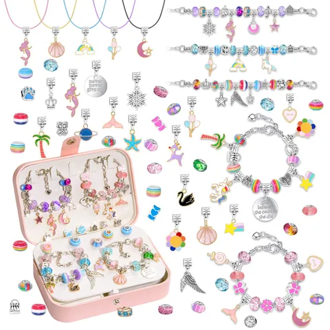 DIY Jewelry Making For Girls Colorful Beads Alloy Charms Pendants Snake Chain Bracelets Necklace Cords PU Leather Box