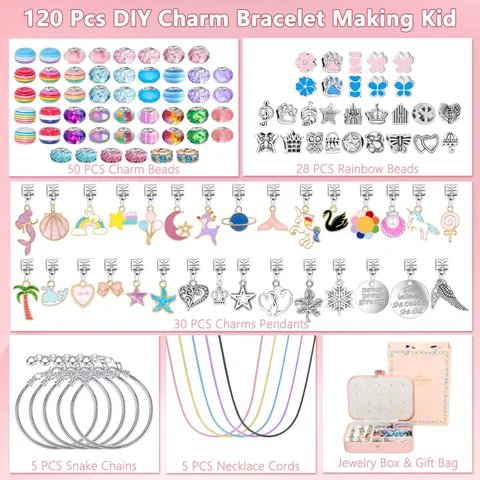 DIY Jewelry Making For Girls Colorful Beads Alloy Charms Pendants Snake Chain Bracelets Necklace Cords PU Leather Box
