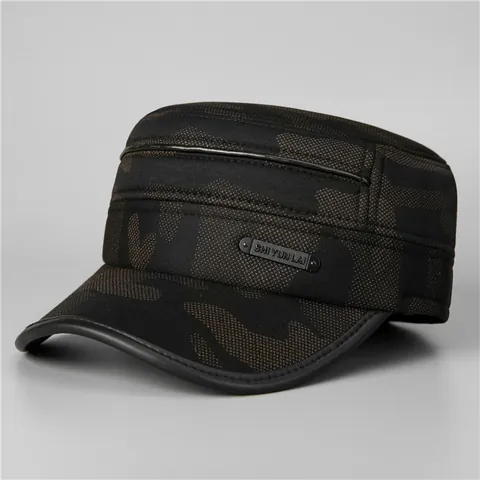 Herren Winter Tarnung Cadet Cap Mit Ohrenschützer Warm Fleecefutter Flache Krone Hut Verstellbar Baumwollmischung Outdoor Hut