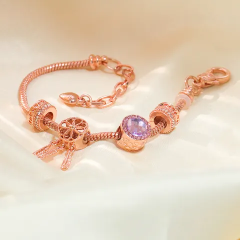 Pulsera de Charms Atrapasueños para Mujer Bañada en Oro Rosa Plata Cadena de Serpiente Zirconia Púrpura Corazón Pluma Joyería