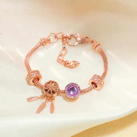 Pulsera de Charms Atrapasueños para Mujer Bañada en Oro Rosa Plata Cadena de Serpiente Zirconia Púrpura Corazón Pluma Joyería