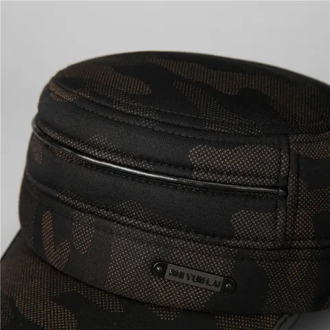 Herren Winter Tarnung Cadet Cap Mit Ohrenschützer Warm Fleecefutter Flache Krone Hut Verstellbar Baumwollmischung Outdoor Hut