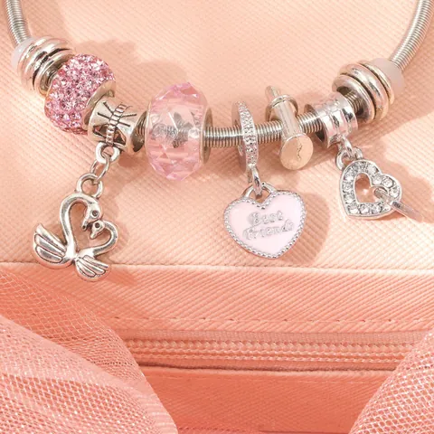 Braccialetto con Perline Fai da Te Catena a Serpente Argento Pendente a Cuore Rosa Cigno Tartaruga Stella Luna Bracciale Regolabile per Donna Ragazze Gioielli Regalo
