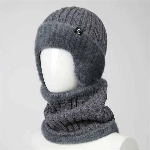Winter Gebreide Muts en Sjaal Set Kashmir-Mix Faux Bontrand Oorbescherming Warme Beanie Voor Ouderen Dames Heren
