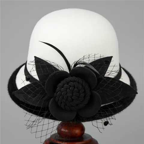 Vintage Elegant Woolen Cloche Hat For Women Floral Mesh Veil Feather Fascinator Pillbox Hat Church Party Dress Hat