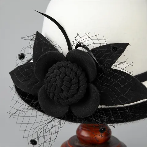 Vintage Elegant Woolen Cloche Hat For Women Floral Mesh Veil Feather Fascinator Pillbox Hat Church Party Dress Hat