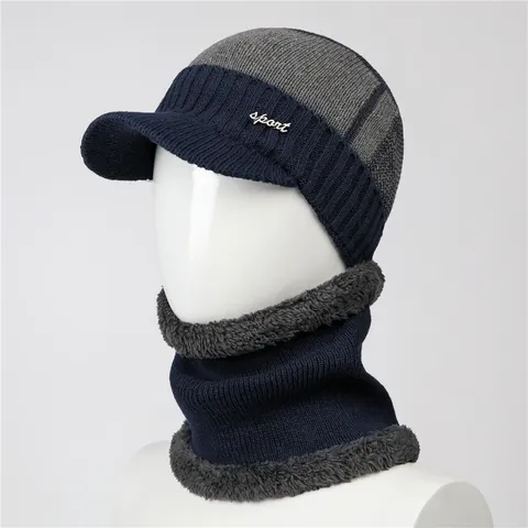 Men Winter Cotton Polyester Knitted Hat And Neck Warmer Set Warm Velvet Lined Beanie For Elderly Father Outdoor Windproof Ear Protection