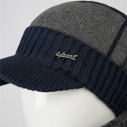 Men Winter Cotton Polyester Knitted Hat And Neck Warmer Set Warm Velvet Lined Beanie For Elderly Father Outdoor Windproof Ear Protection