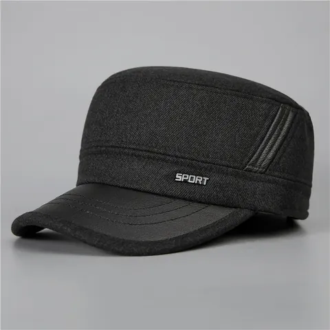 Herren Winter Warm Flat Top Cadet Cap Wollmischung Gehörschutz Mütze Lässig Outdoor PU-Leder Geteilt Baseballkappe Für Herren