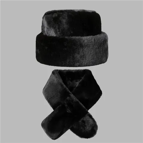 Men Faux Fur Winter Hat And Scarf Warm Russian Pillbox Hat Faux Mink Fur Scarf For Elderly Men Black Winter Accessories