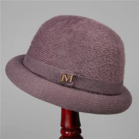 Cappello a Secchiello in Maglia Invernale da Donna Caldo Misto Pelo di Coniglio Foderato in Pile Con Decorazione Lettera M