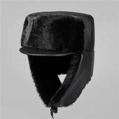 Winter Men Lei Feng Hat And Scarf Set Thickened Faux Fur PU Leather Warm Ear Protection Windproof Outdoor Bomber Hat