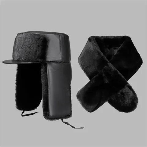 Winter Men Lei Feng Hat And Scarf Set Thickened Faux Fur PU Leather Warm Ear Protection Windproof Outdoor Bomber Hat