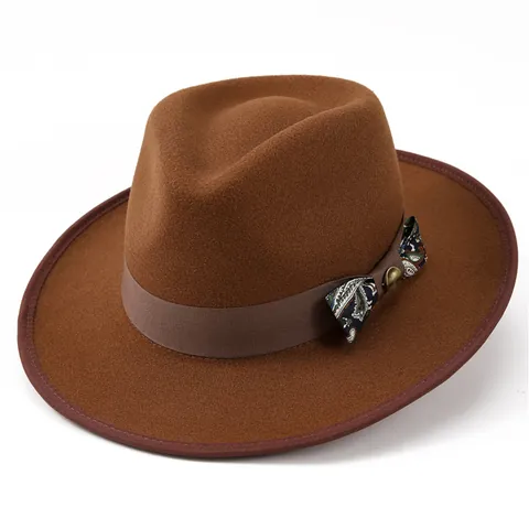 British Vintage Polyester Felt Fedora Hat For Women With Paisley Bow And Metal Buckle Winter Warm Wide Brim Jazz Hat