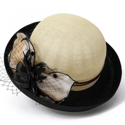 Vintage Linen Fascinator Hat For Women Elegant Mesh Flower Feather Wedding Party Pillbox Hat French Style Church Hat