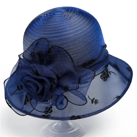 Women's Elegant Organza Church Hat Vintage Floral Sun Hat With Large Flower Rose Print Wide Brim Party Wedding Bucket Hat