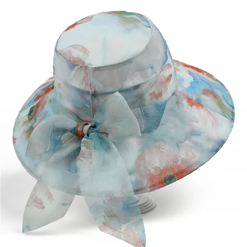 Women Elegant Floral Print Sun Hat Large Brim UV Protection Breathable Mesh Bow Bucket Hat For Outdoor Beach Travel