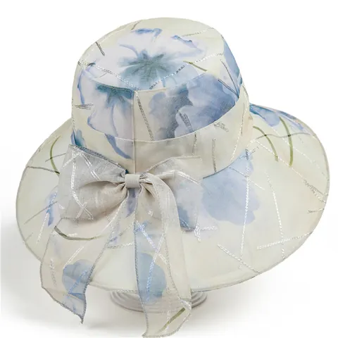 Women Breathable Mesh Sun Hat Floral Print Wide Brim Bucket Hat With Large Bow Elegant Outdoor UV Protection Beach Hat